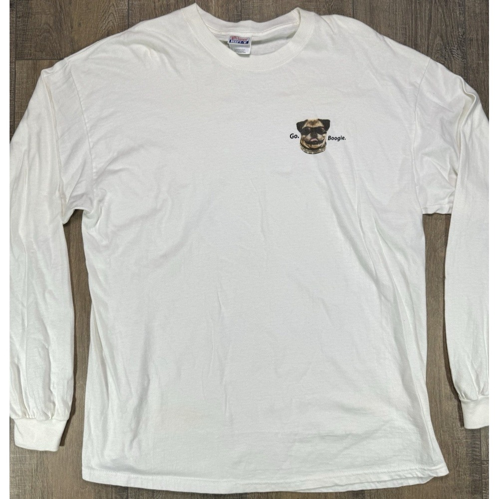 1990s PUG Dog Go Boogie Bling Long Sleeve White Graphic T Shirt Vintage Gag Fun
